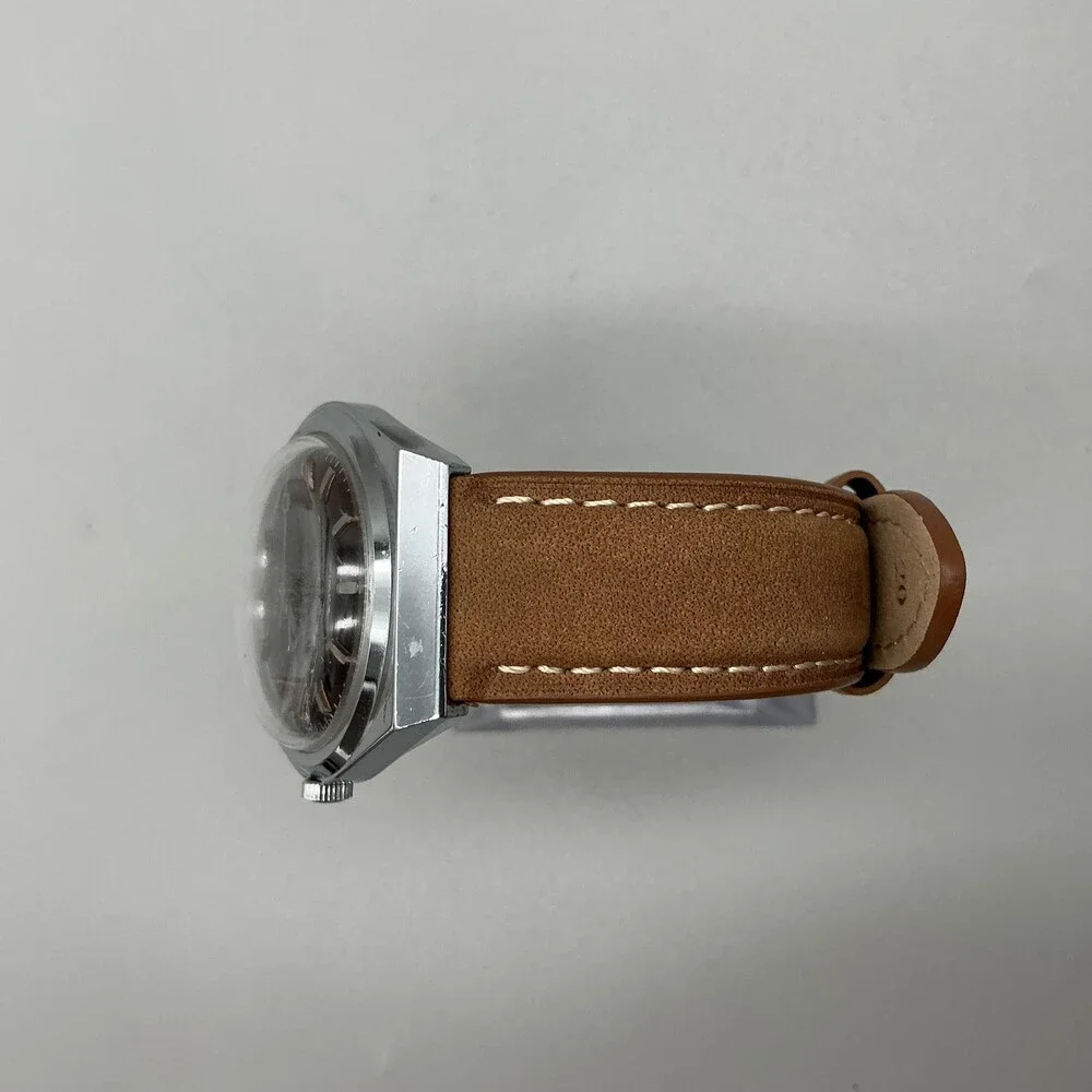 Vintage 1970s Timex Electric Mens Watch 38mm Brown Dial Day Date Leather Strap